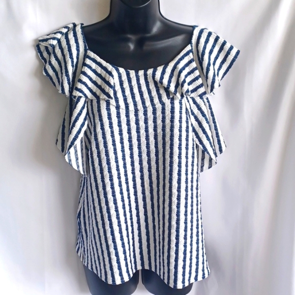 Eva Franco Tops - Anthropologie Eva Franco Textured Blue Stripe Sleeveless Top Bow Detail Size S
